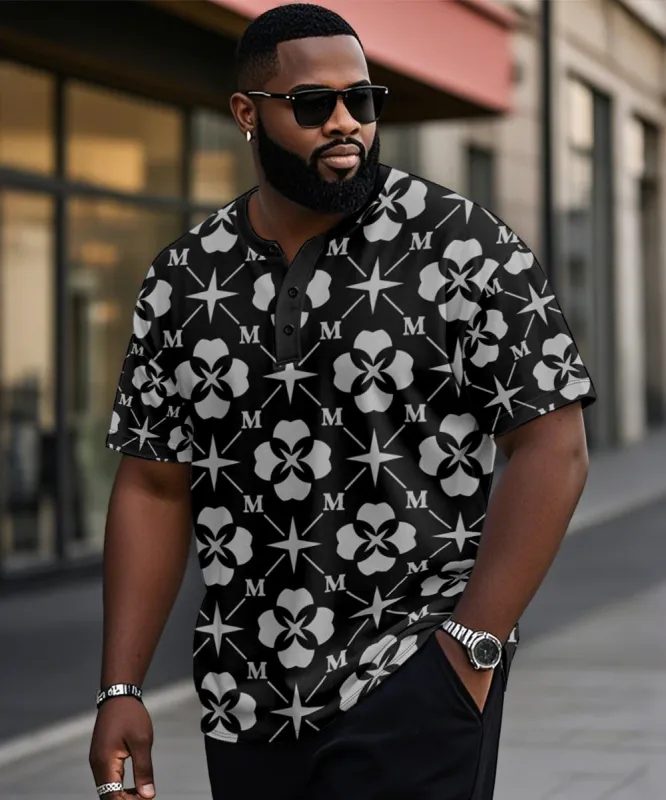 Big & Tall Men's Black Geometric Alphabet Print Henry Collar Button Short Sleeve Tee sold by Biggmans
