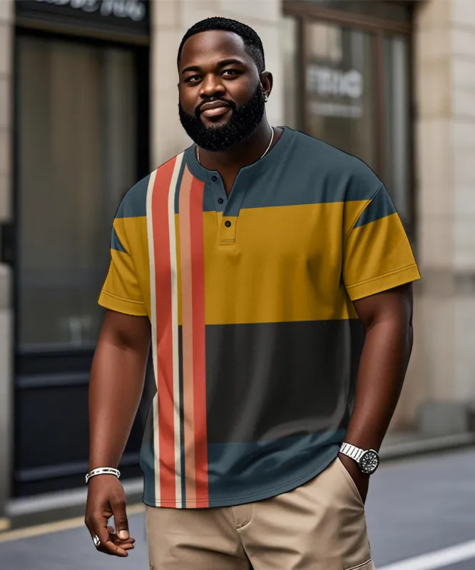 Big & Tall Men's Blue Triple Color Geometric Print Henry Collar Button Short Sleeve T-Shirt sold by Biggmans