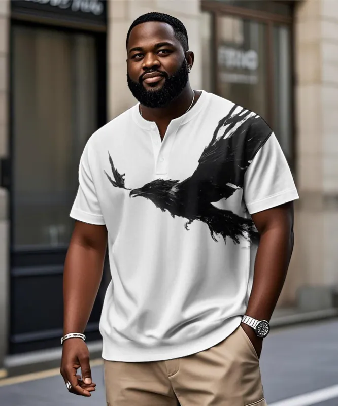 Big & Tall Men's Black And White Eagle Print Henry Collar Button Short Sleeve Tee sold by Biggmans