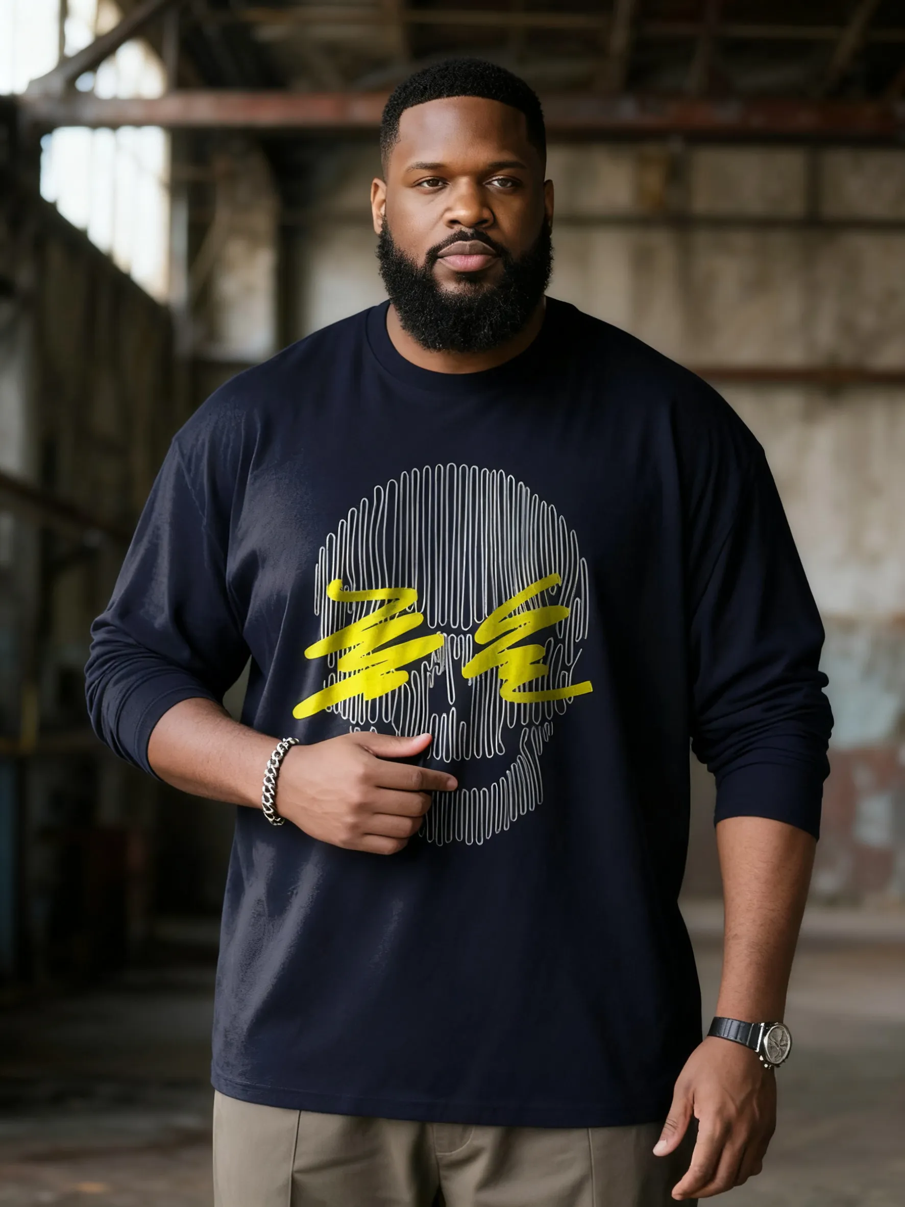 Big & Tall Men's Blue Skull Line Print Long Sleeve Tee sold by Biggmans product image thumbnail 4