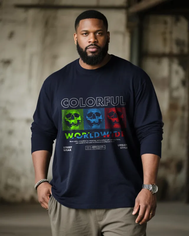 Big & Tall Men's Blue Skull Colorblock Print Long Sleeve Tee sold by Biggmans