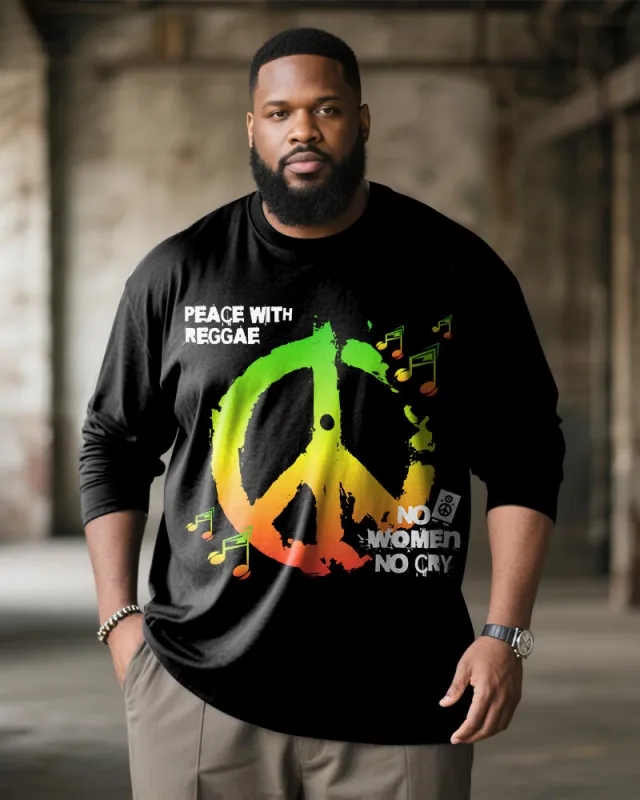 Big & Tall Men's Peace Logo Music Letter Print Long Sleeve T-Shirt sold by Biggmans