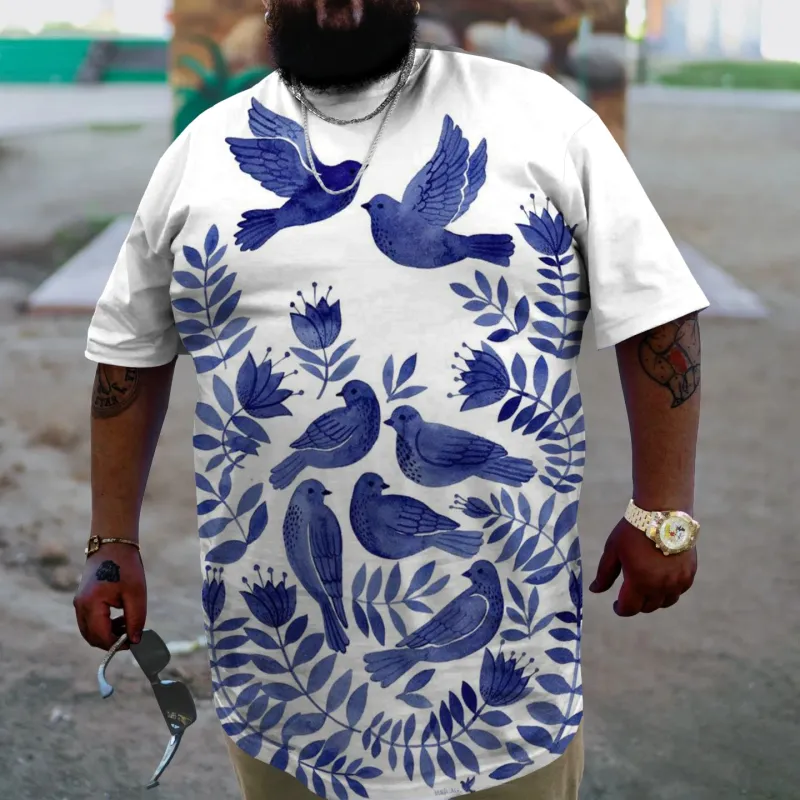 Men's Plus Size Floral Blue And White Porcelain Print T-Shirt sold by Biggmans