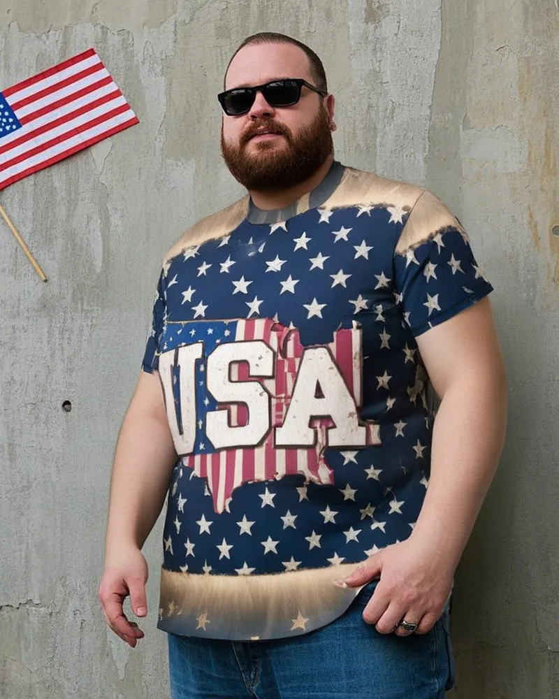 Men's Plus Size Independence Day Star USA Letter Print Round Neck Short Sleeve T-Shirt sold by Biggmans