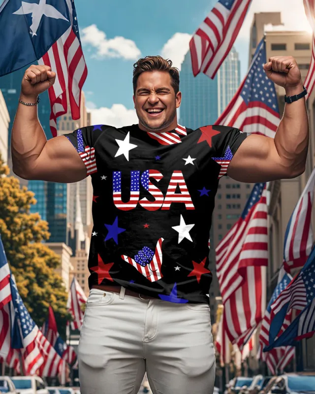 Men's Plus Size Independence Day Star Striped Gesture Print Round Neck Short Sleeve T-shirt sold by Biggmans