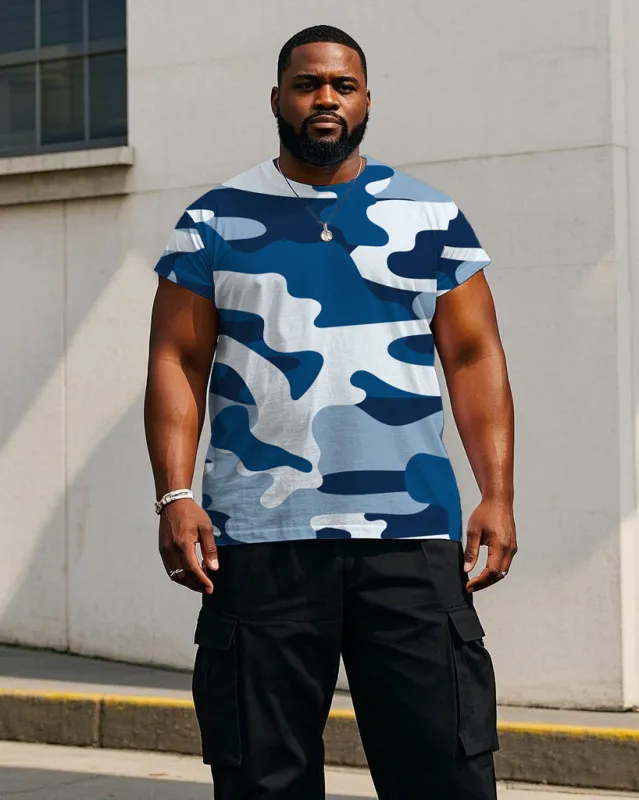 Men's Plus Size Fashion Navy Blue Camouflage Short Sleeve T-shirt sold by Biggmans