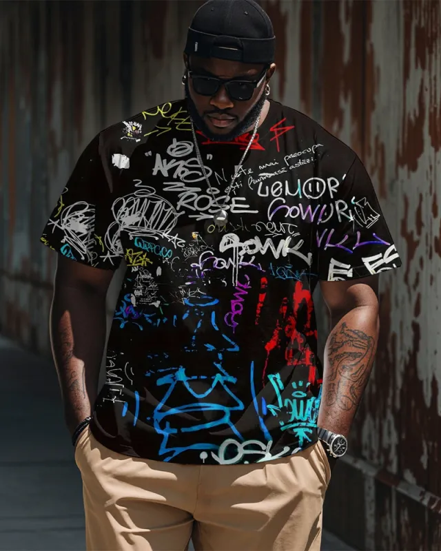 Men's Plus Size Street Fashion Abstract Graffiti Print Round Neck Short Sleeve T-Shirt sold by Biggmans