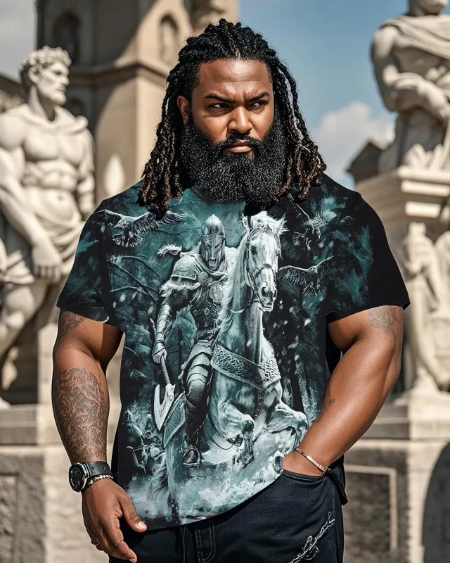 Plus Size Men's T-shirt With Viking Themed Print: Pagan Warrior On Horseback-with Prints On The Front And Back sold by Biggmans