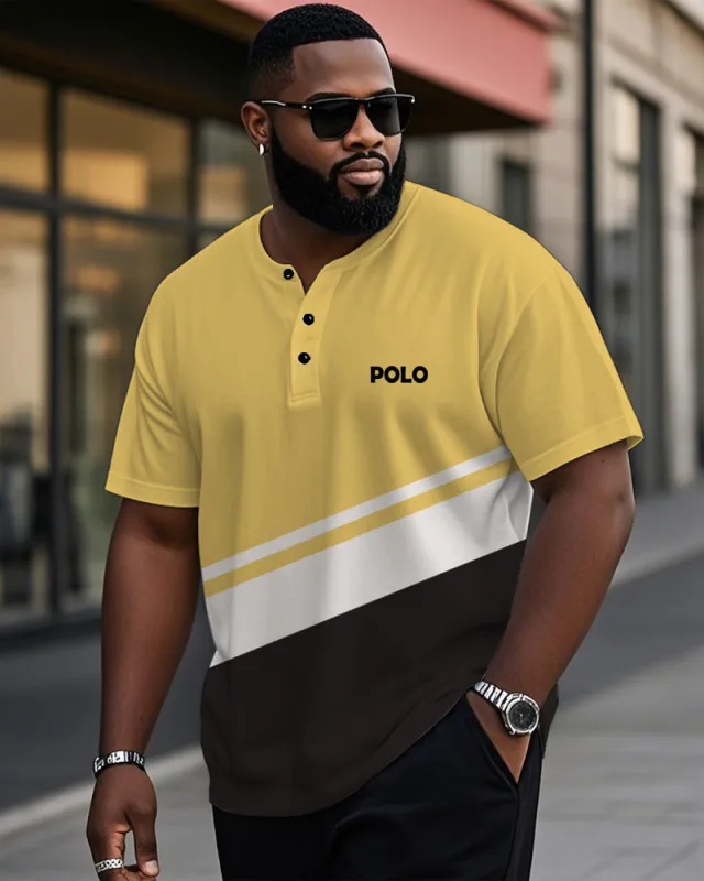 Men's Plus Size Daily Casual Yellow White Black Striped Letter Print Henry Collar Button Short Sleeve T-Shirt sold by Biggmans