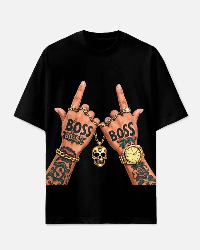 Big Men's Hip Hop Fashion Hand Silhouette BOSS Letter Printed Casual Short Sleeve T-shirt sold by Biggmans
