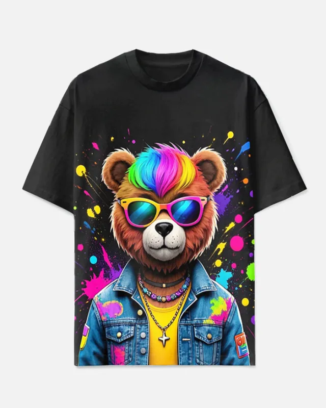 Big Men's Street Fashion Splash Ink Cartoon Sunglass Bear Printed Short Sleeve T-shirt sold by Biggmans