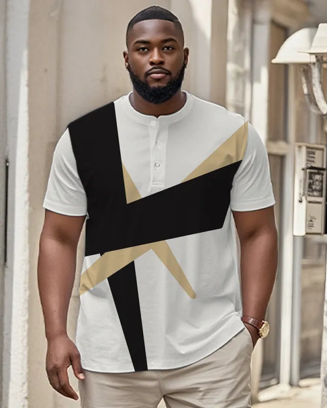 Men's Plus Size Daily Casual White Geometric Cross Print Henry Collar Button Short Sleeve T-Shirt sold by Biggmans