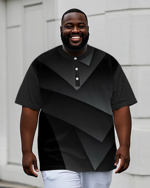 Men's Plus Size Daily Casual Black Grey Gradient Geometric Print Henry Collar Button Short Sleeve T-Shirt sold by Biggmans