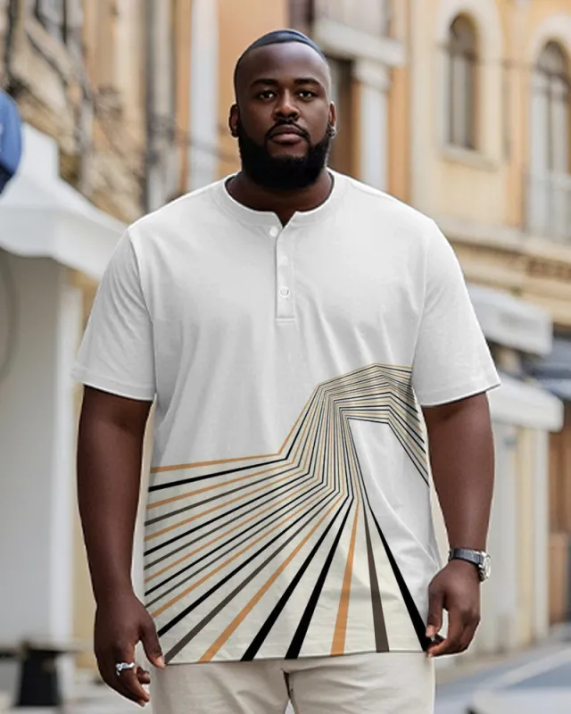 Men's Plus Size Daily Casual White Contrast Geometric Print Henry Collar Button Short Sleeve T-Shirt sold by Biggmans