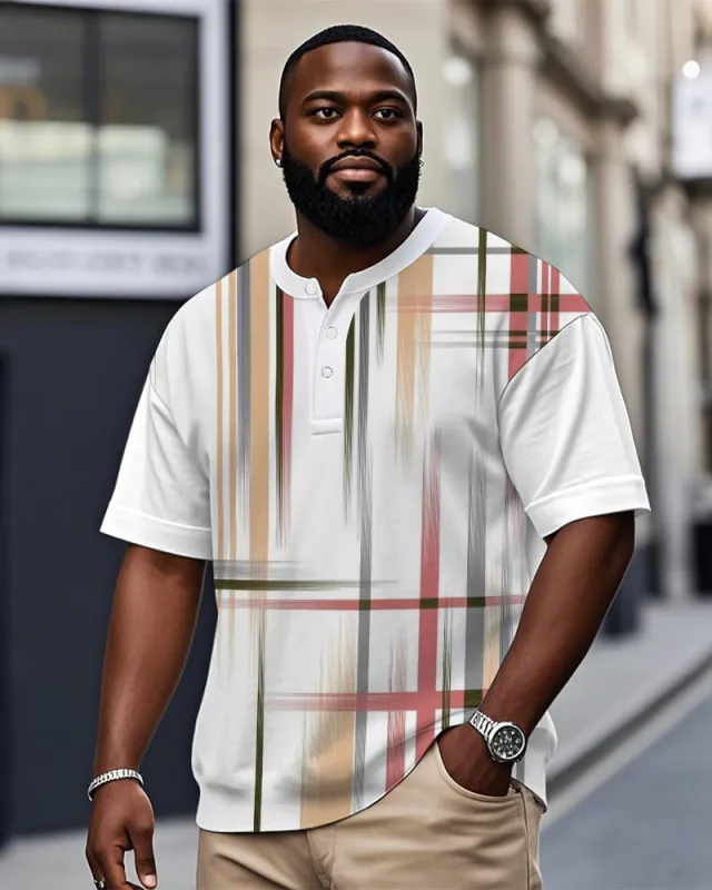 Men's Plus Size Casual White Contrast Plaid Print Henry Collar Button Short Sleeve T-Shirt sold by Biggmans