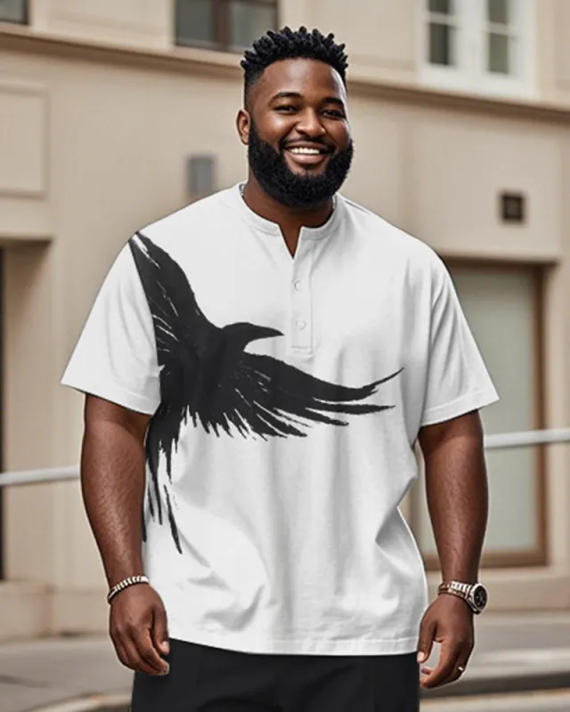 Men's Plus Size Daily Casual Black And White Bird Print Henry Collar Button Short Sleeve T-Shirt sold by Biggmans