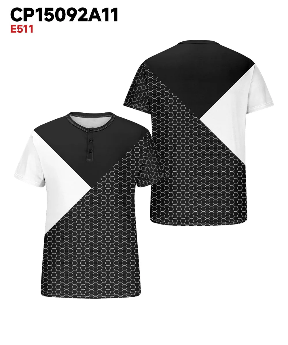 Men's Plus Size Daily Casual Black And White Patchwork Geometric Print Henry Collar Button Short Sleeve T-Shirt sold by Biggmans product image thumbnail 3