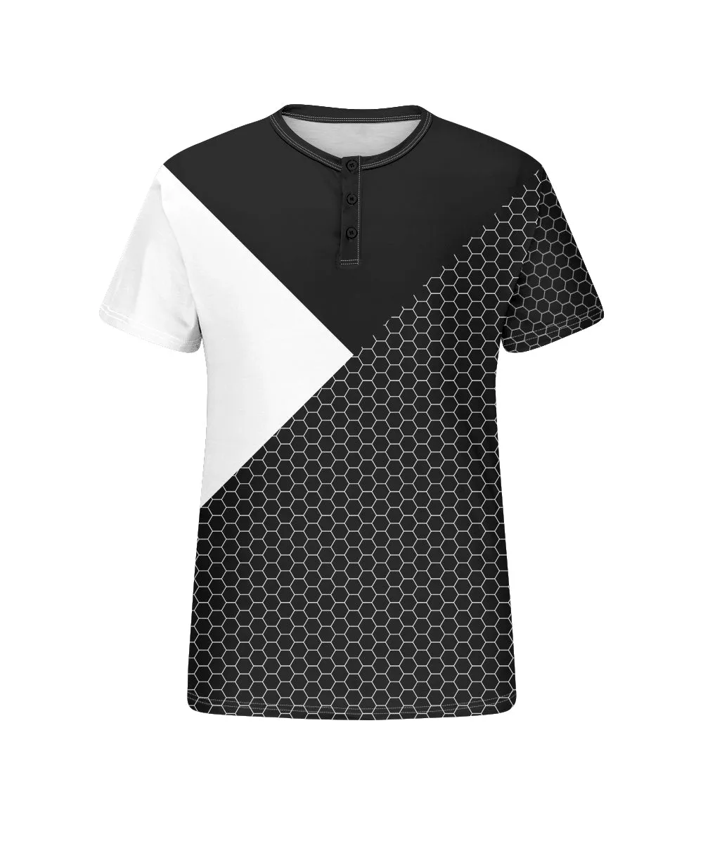 Men's Plus Size Daily Casual Black And White Patchwork Geometric Print Henry Collar Button Short Sleeve T-Shirt sold by Biggmans product image thumbnail 4