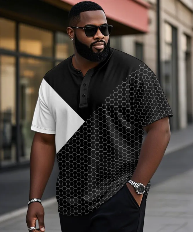 Men's Plus Size Daily Casual Black And White Patchwork Geometric Print Henry Collar Button Short Sleeve T-Shirt sold by Biggmans