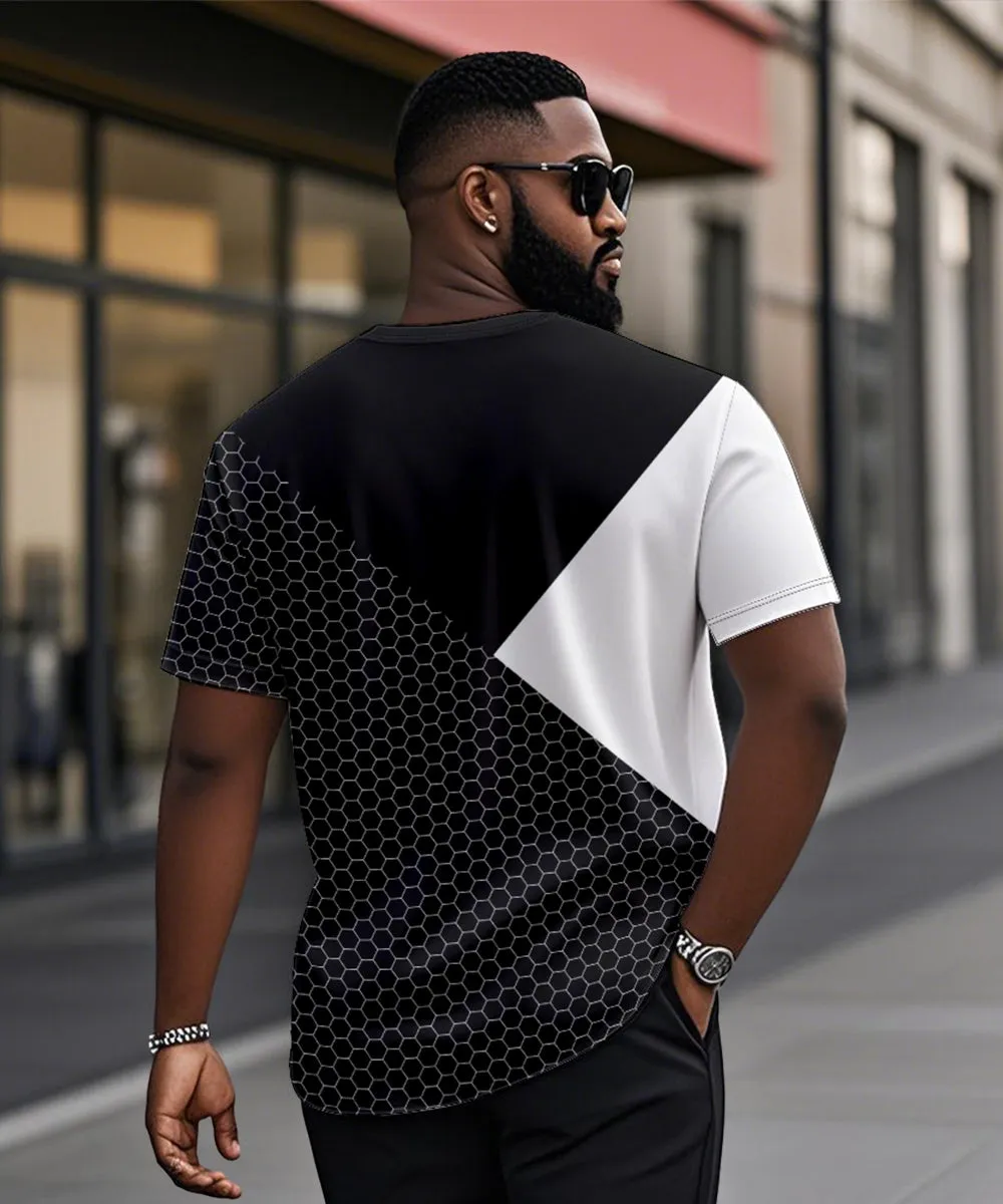 Men's Plus Size Daily Casual Black And White Patchwork Geometric Print Henry Collar Button Short Sleeve T-Shirt sold by Biggmans product image thumbnail 2