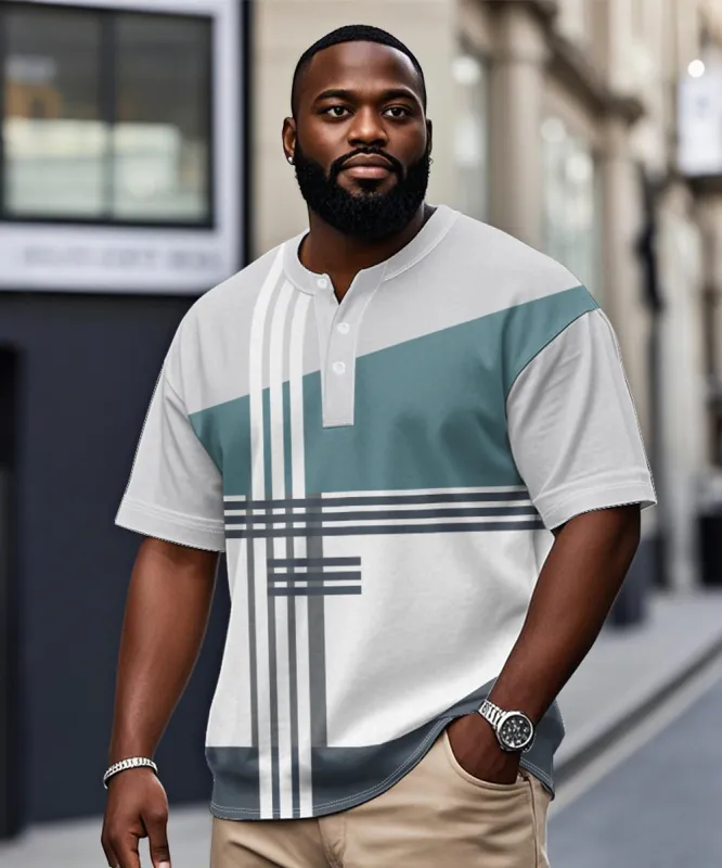 Men's Plus Size Daily Casual Blue White Grey Striped Geometric Print Henry Collar Button Short Sleeve T-Shirt sold by Biggmans