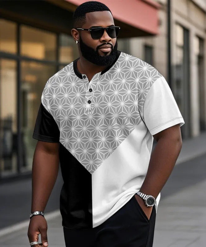 Men's Plus Size Daily Casual Black And White Grey Patchwork Geometric Print Henry Collar Button Short Sleeve T-Shirt sold by Biggmans