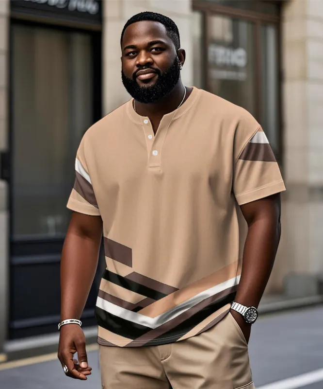 Men's Plus Size Daily Casual Orange Geometric Print Henley Collar Button Short Sleeve Tee sold by Biggmans