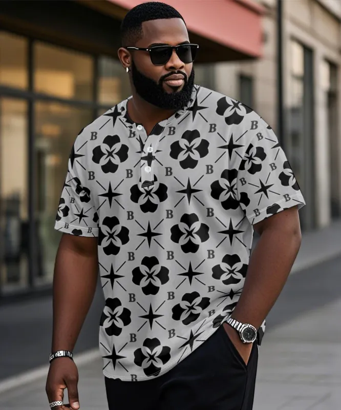 Men's Plus Size Daily Casual Grey Diamond Geometric Letter Print Henry Collar Button Short Sleeve T-Shirt sold by Biggmans