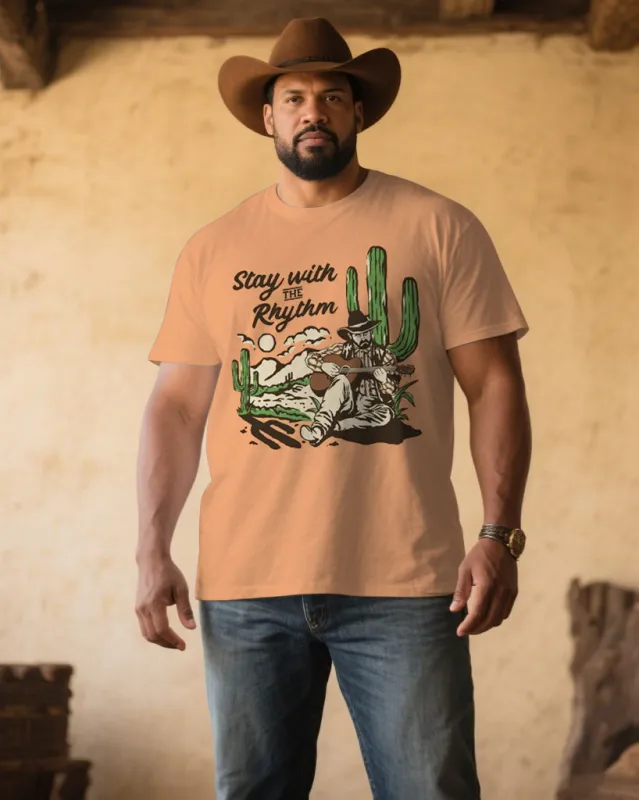 Men's Plus Size Dark Orange Western Denim Printed Chest Round Neck Short Sleeve T-Shirt sold by Biggmans