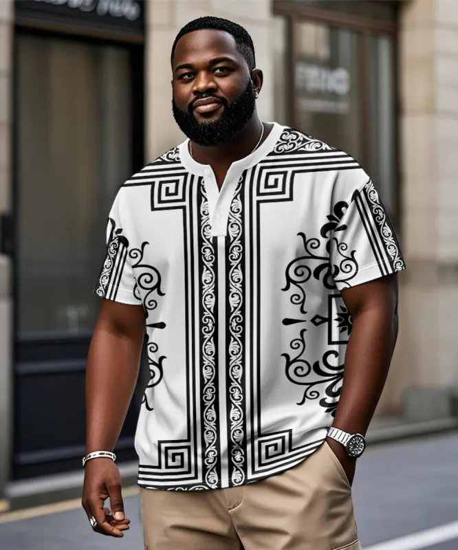 Men's Plus Size Daily Casual White Vintage Pattern Printed Henry Collar Button Short Sleeve T-Shirt sold by Biggmans