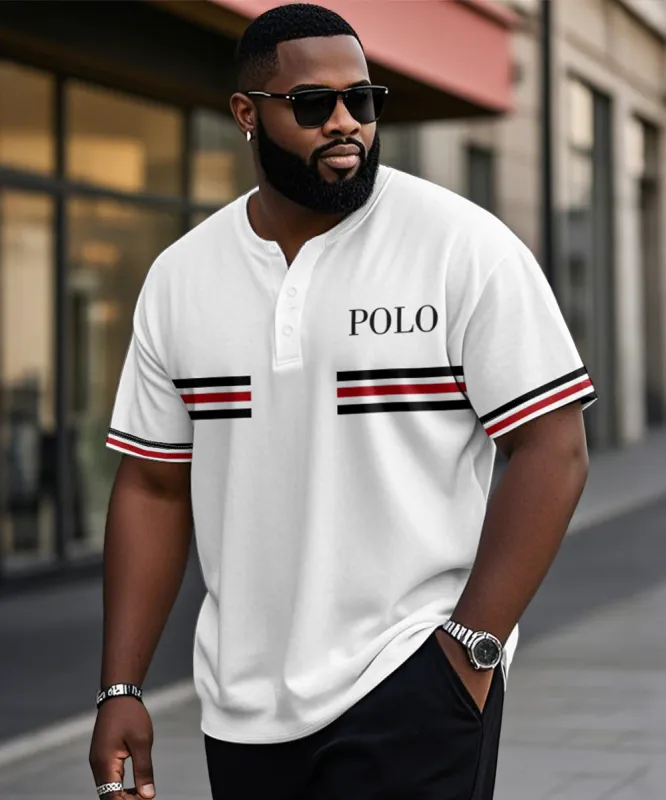 Men's Plus Size Daily Casual White Striped Alphabet Print Henry Collar Button Short Sleeve T-Shirt sold by Biggmans