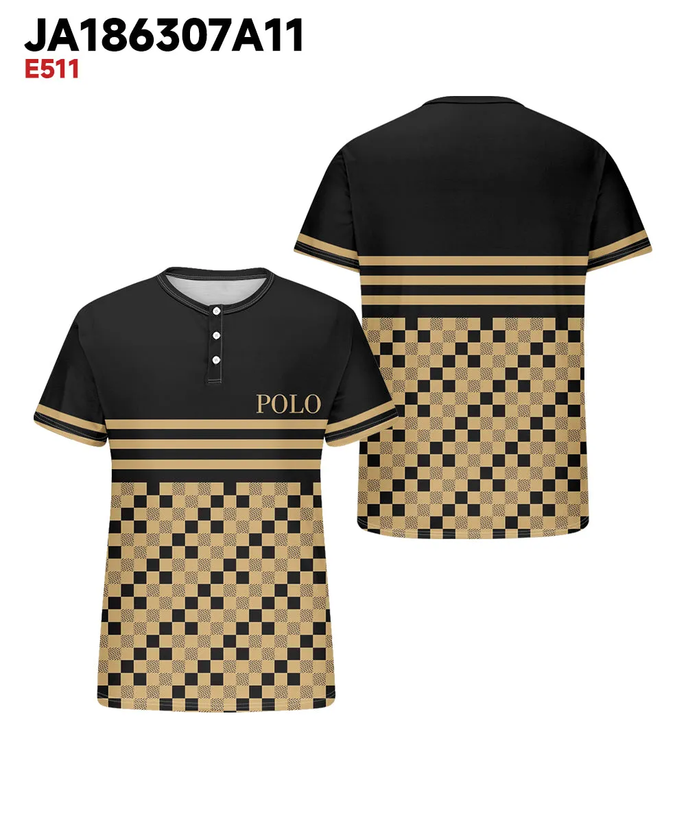 Men's Plus Size Casual Daily Black Plaid Print Henry Collar Button Short Sleeve T-Shirt sold by Biggmans product image thumbnail 3