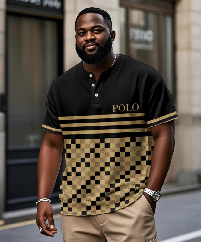 Men's Plus Size Casual Daily Black Plaid Print Henry Collar Button Short Sleeve T-Shirt sold by Biggmans