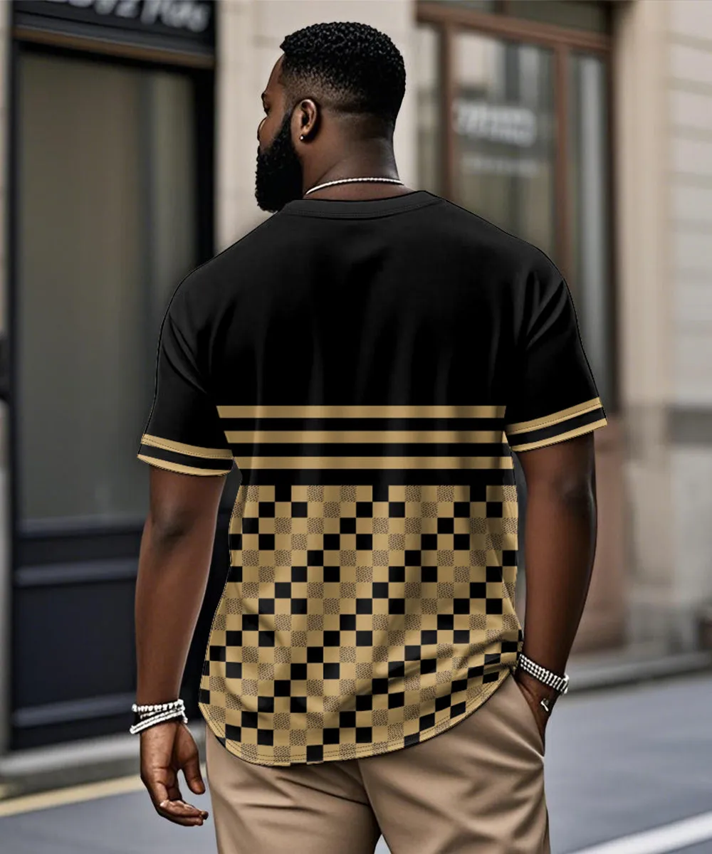 Men's Plus Size Casual Daily Black Plaid Print Henry Collar Button Short Sleeve T-Shirt sold by Biggmans product image thumbnail 2