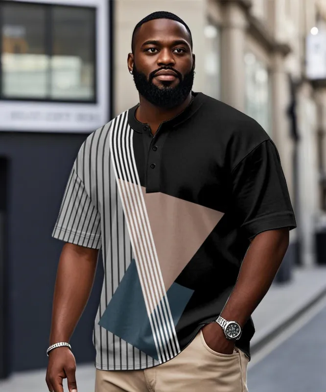 Men's Plus Size Daily Casual Black Stripe Print Henry Collar Button Short Sleeve T-Shirt sold by Biggmans