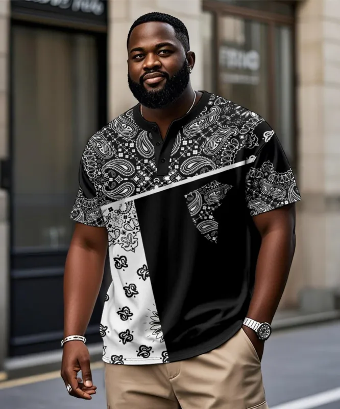 Men's Plus Size Daily Casual Paisley Colorblock Print Henry Collar Button Short Sleeve T-Shirt sold by Biggmans