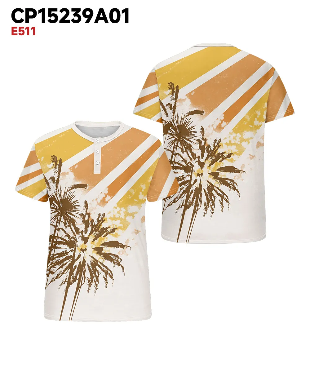 Men's Plus Size Daily Casual Yellow Striped Coconut Tree Print Henley Collar Button Short Sleeve T-Shirt sold by Biggmans product image thumbnail 3