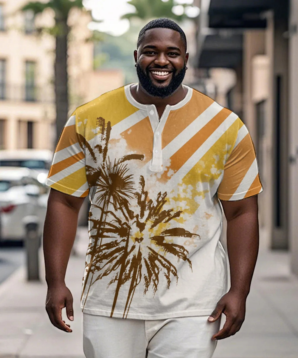 Men's Plus Size Daily Casual Yellow Striped Coconut Tree Print Henley Collar Button Short Sleeve T-Shirt sold by Biggmans