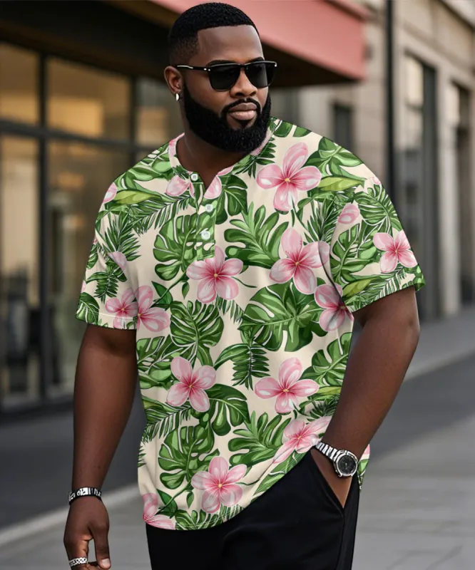 Men's Plus Size Hawaiian Green Floral Print Henry Collar Button Short Sleeve Tee sold by Biggmans