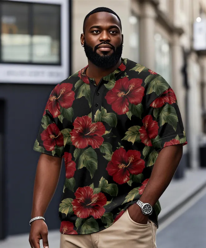 Men's Plus Size Hawaiian Red Floral Print Henry Collar Button Short Sleeve Tee sold by Biggmans