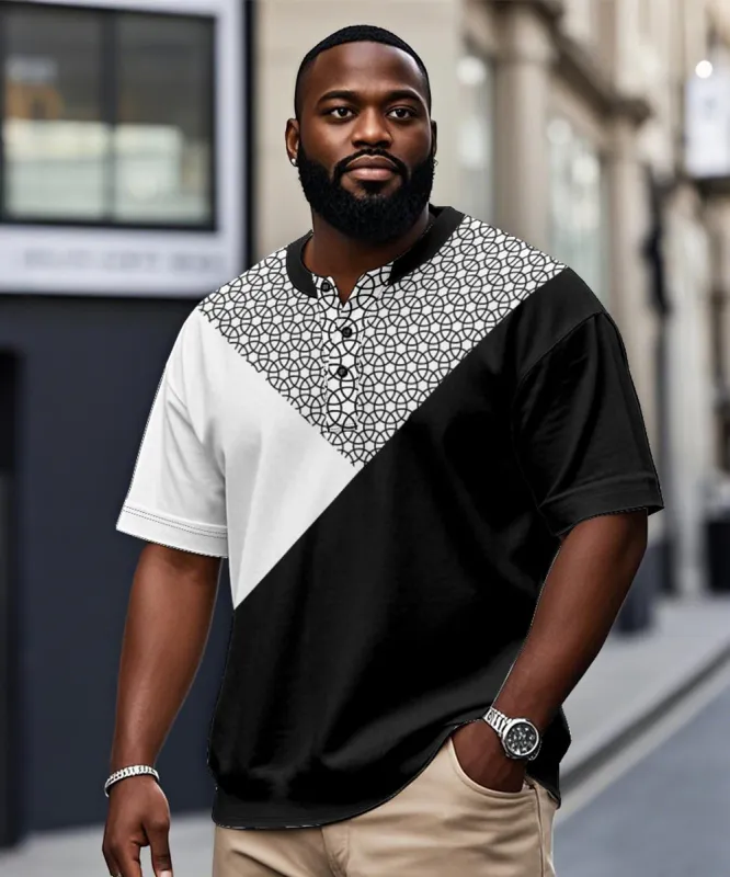 Men's Plus Size Black And White Color Block Geometric Print Henry Collar Button Short Sleeve T-shirt sold by Biggmans