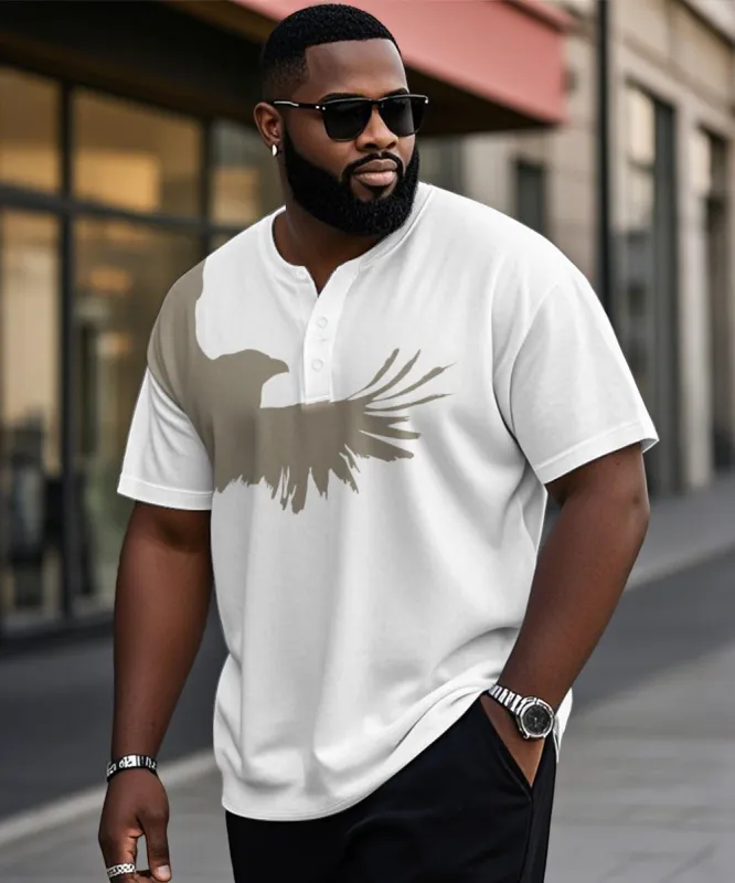 Men's Plus Size White Silhouette Eagle Print Henley Collar Button Short Sleeve Tee sold by Biggmans