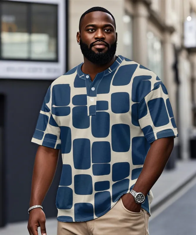 Men's Plus Size Blue Geometric Print Henry Collar Button Short Sleeve T-shirt sold by Biggmans