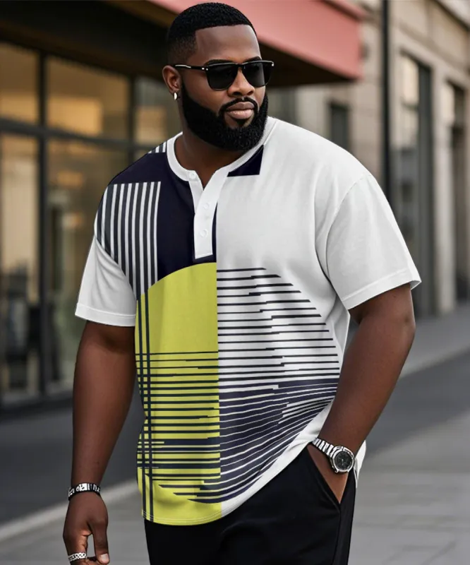 Men's Plus Size Geometric Color Block Striped Print Henry Collar Button Short Sleeve T-shirt sold by Biggmans
