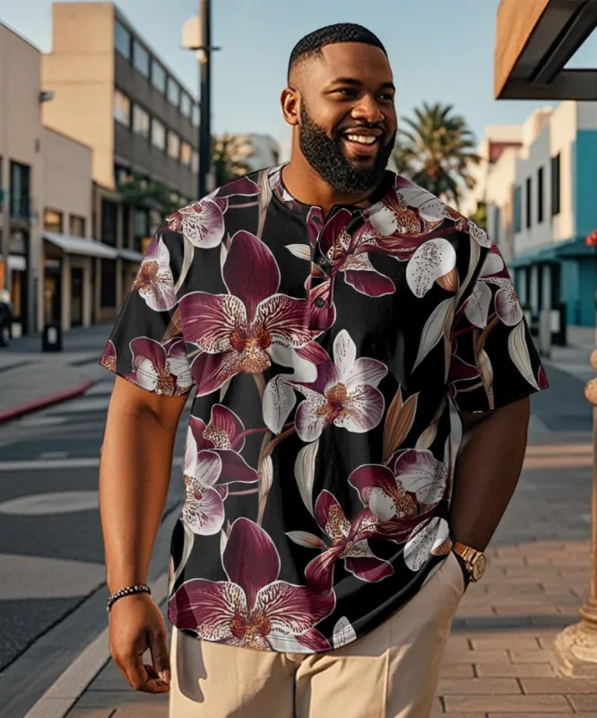 Men's Plus Size Hawaiian Floral Print Henry Collar Button Short Sleeve Tee sold by Biggmans