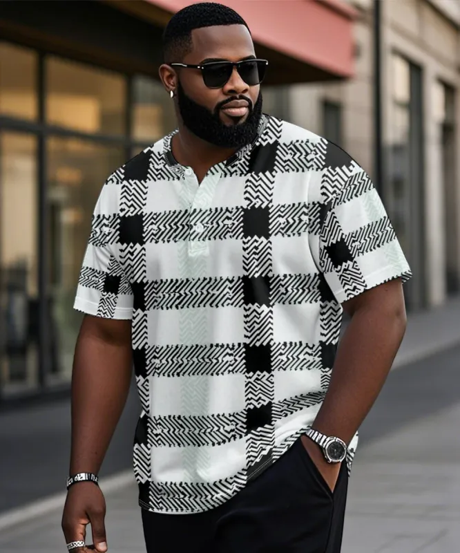 Men's Plus Size Black And White Check Print Henry Collar Button Short Sleeve T-shirt sold by Biggmans