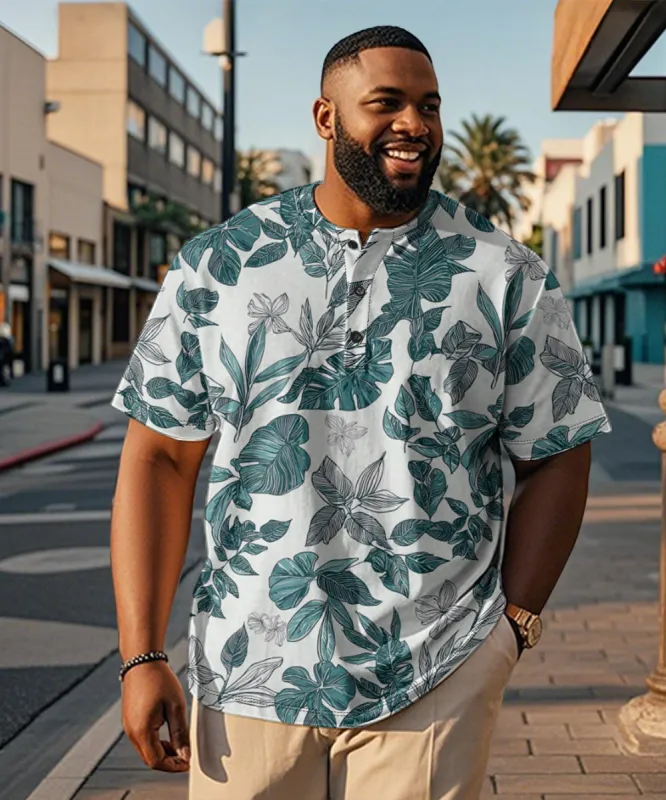 Men's Plus Size Hawaiian Floral Print Henry Collar Button Short Sleeve Tee sold by Biggmans