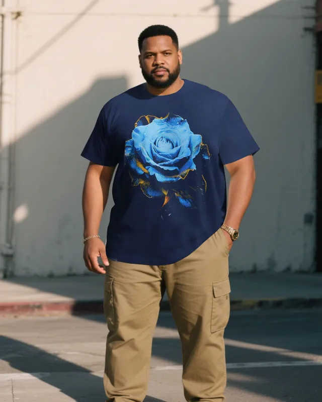 Men's Plus Size Blue Chest Hand Brush Flower Loose Round Neck Short Sleeve T-Shirt sold by Biggmans