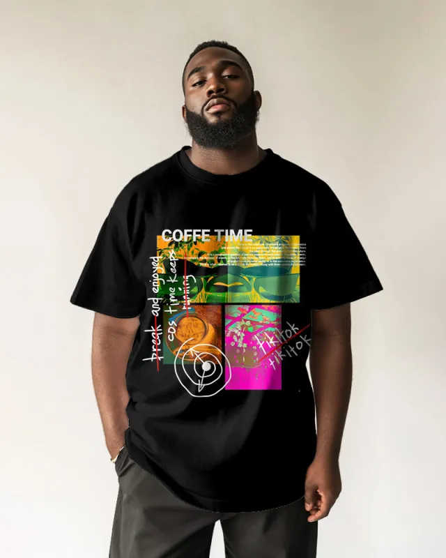 Big & Tall Men's Street Fashion Coffee Graffiti Print Round Neck Short Sleeve T-Shirt sold by Biggmans