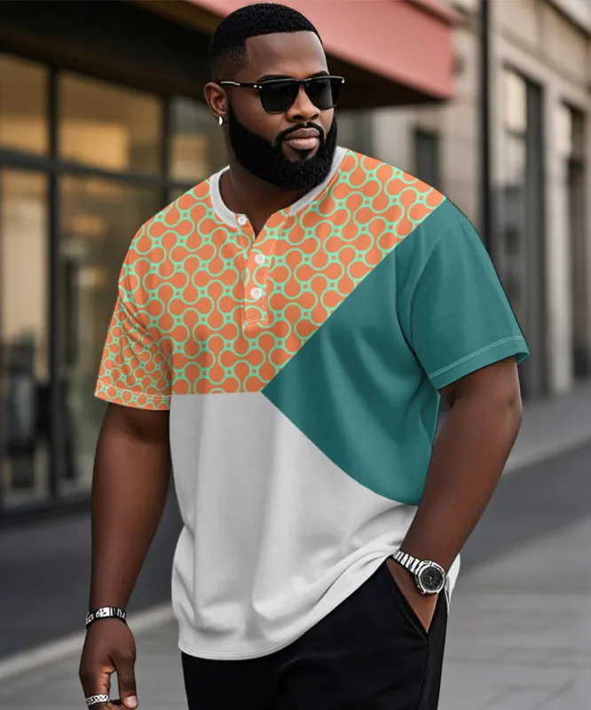 Big & Tall Men's Orange Triple Color Geometric Print Henry Collar Button Short Sleeve T-Shirt sold by Biggmans